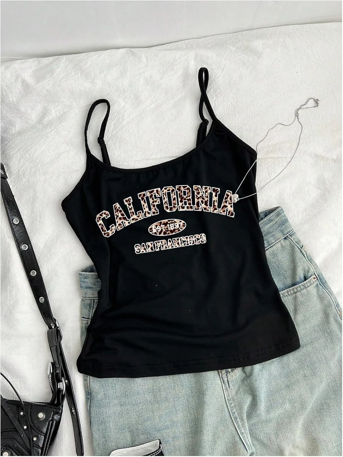 SweatyRocks Women's Leopard Letter Print Camisole Spaghetti Strap Fitted Sleeveless Tops
