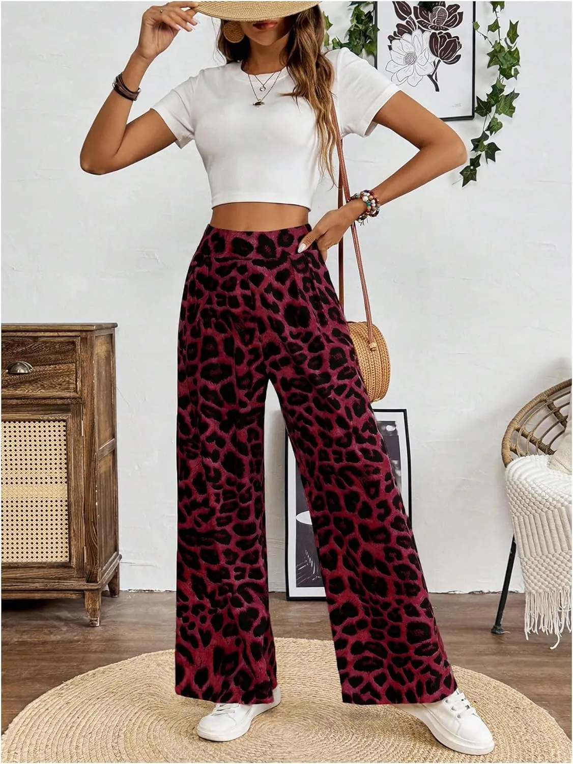 SweatyRocks Women's Leopard Print High Waisted Wide Leg Pants Casual Long Trousers