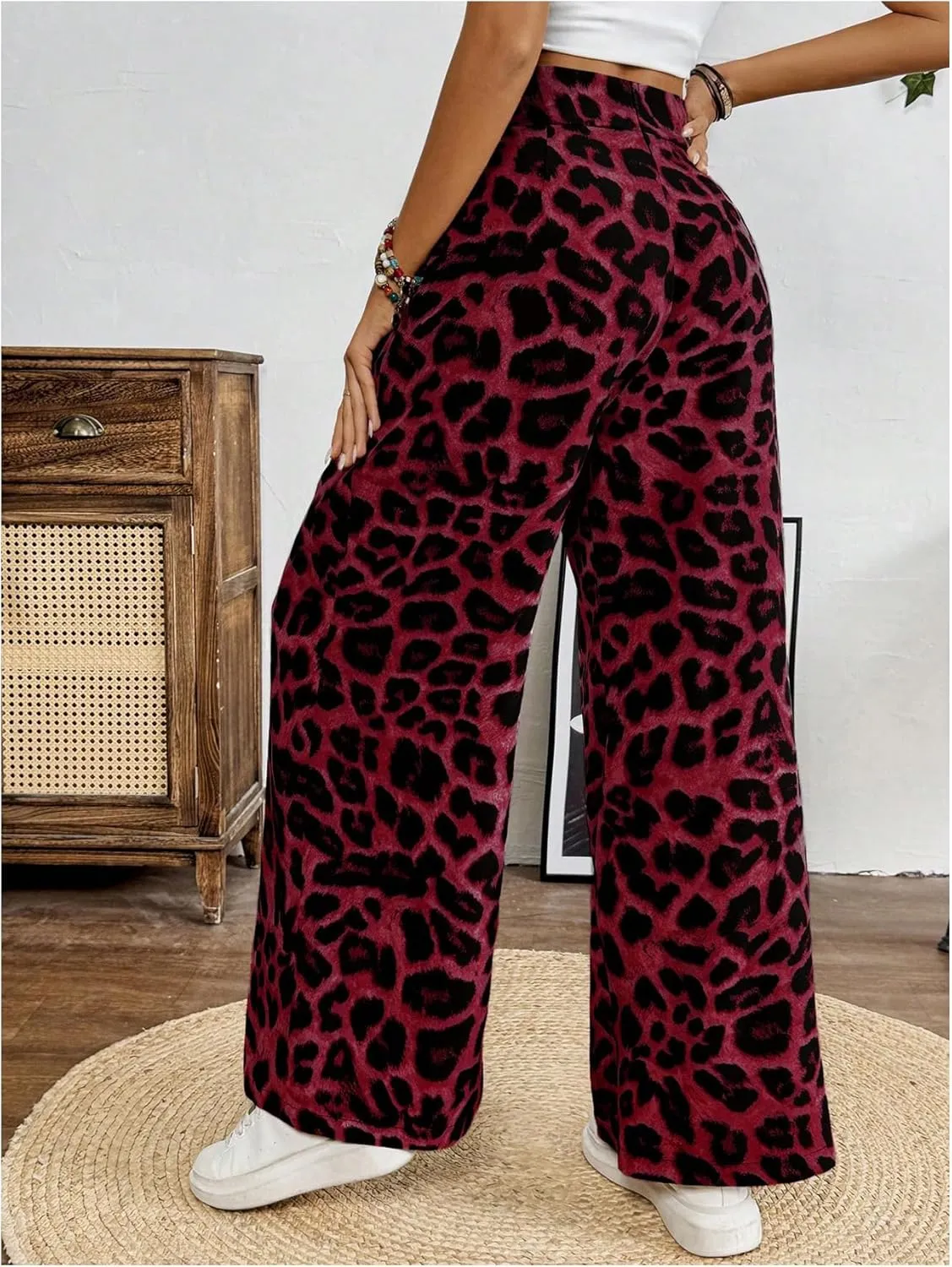 SweatyRocks Women's Leopard Print High Waisted Wide Leg Pants Casual Long Trousers