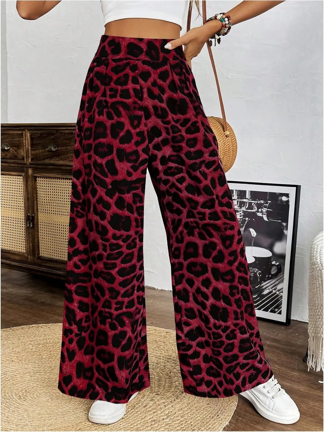 SweatyRocks Women's Leopard Print High Waisted Wide Leg Pants Casual Long Trousers