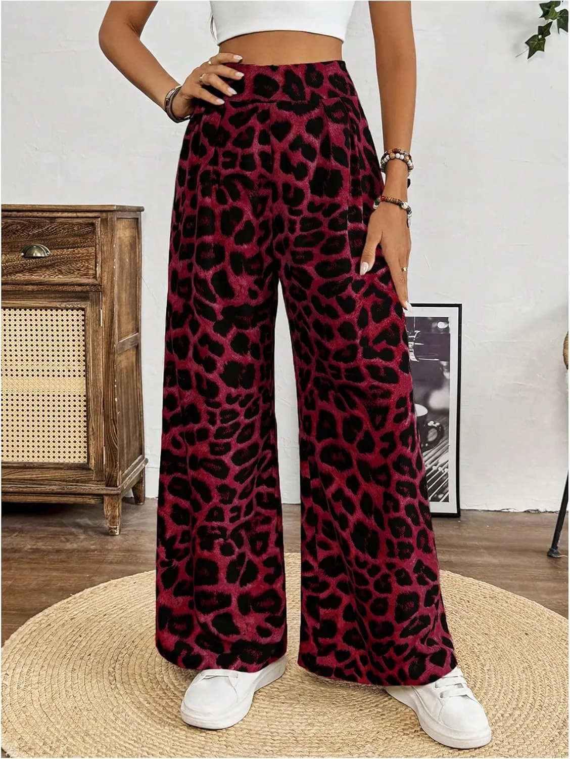 SweatyRocks Women's Leopard Print High Waisted Wide Leg Pants Casual Long Trousers