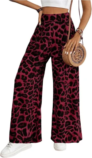 SweatyRocks Women's Leopard Print High Waisted Wide Leg Pants Casual Long Trousers