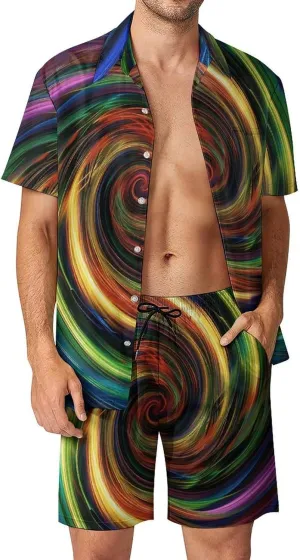 Swirl Effect Painting Mens Swimsuit 2 Pieces Set Quick Dry Shorts Shirts Summer Button Down Short Sleeve Set