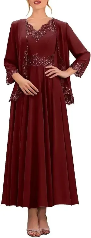 Tea Length Mother of The Bride Dresses for Wedding with Pockets Formal Dresses for Women 2 Pieces Evening Gown