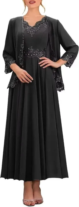 Tea Length Mother of The Bride Dresses for Wedding with Pockets Formal Dresses for Women 2 Pieces Evening Gown