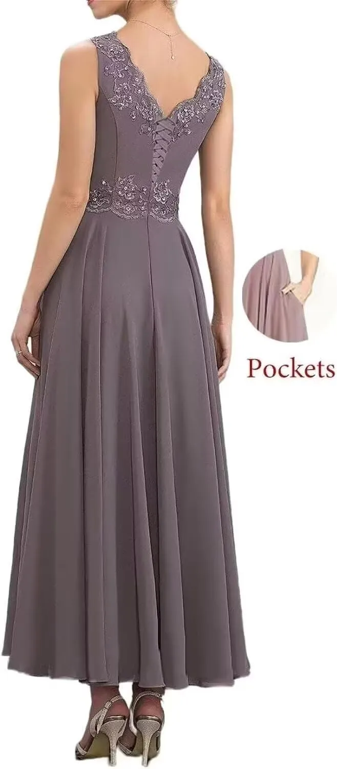 Tea Length Mother of The Bride Dresses for Wedding with Pockets Formal Dresses for Women 2 Pieces Evening Gown