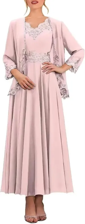 Tea Length Mother of The Bride Dresses for Wedding with Pockets Formal Dresses for Women 2 Pieces Evening Gown