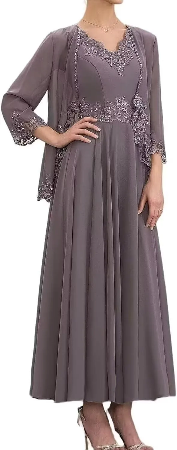 Tea Length Mother of The Bride Dresses for Wedding with Pockets Formal Dresses for Women 2 Pieces Evening Gown