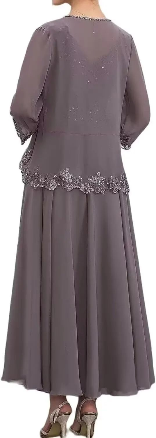 Tea Length Mother of The Bride Dresses for Wedding with Pockets Formal Dresses for Women 2 Pieces Evening Gown