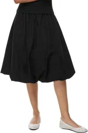 Tenopuli Women Elastic Waist Bubble Midi Skirt Solid Color High Waist Puffy A Line Skirt Casual Baggy Pleated Mid Skirt
