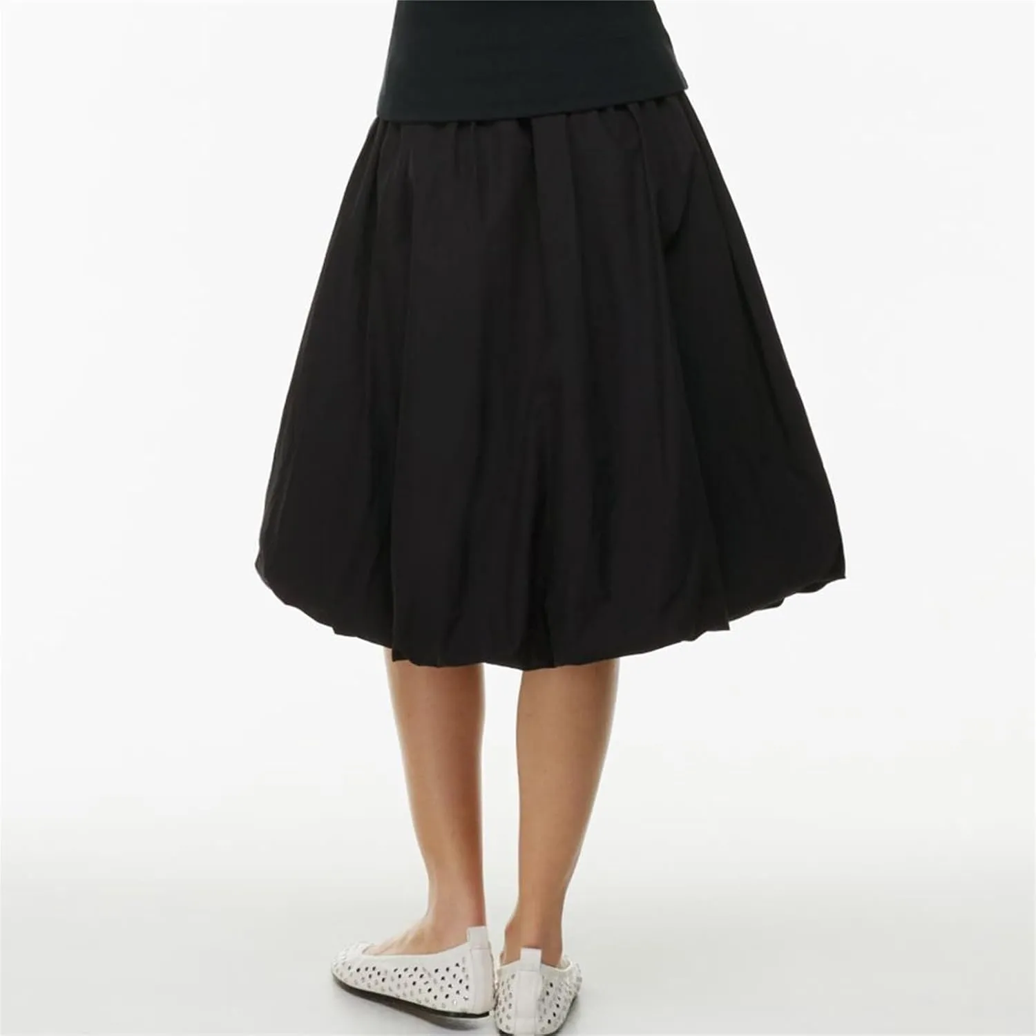 Tenopuli Women Elastic Waist Bubble Midi Skirt Solid Color High Waist Puffy A Line Skirt Casual Baggy Pleated Mid Skirt