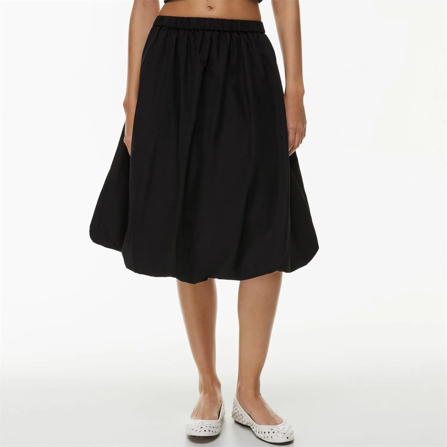 Tenopuli Women Elastic Waist Bubble Midi Skirt Solid Color High Waist Puffy A Line Skirt Casual Baggy Pleated Mid Skirt