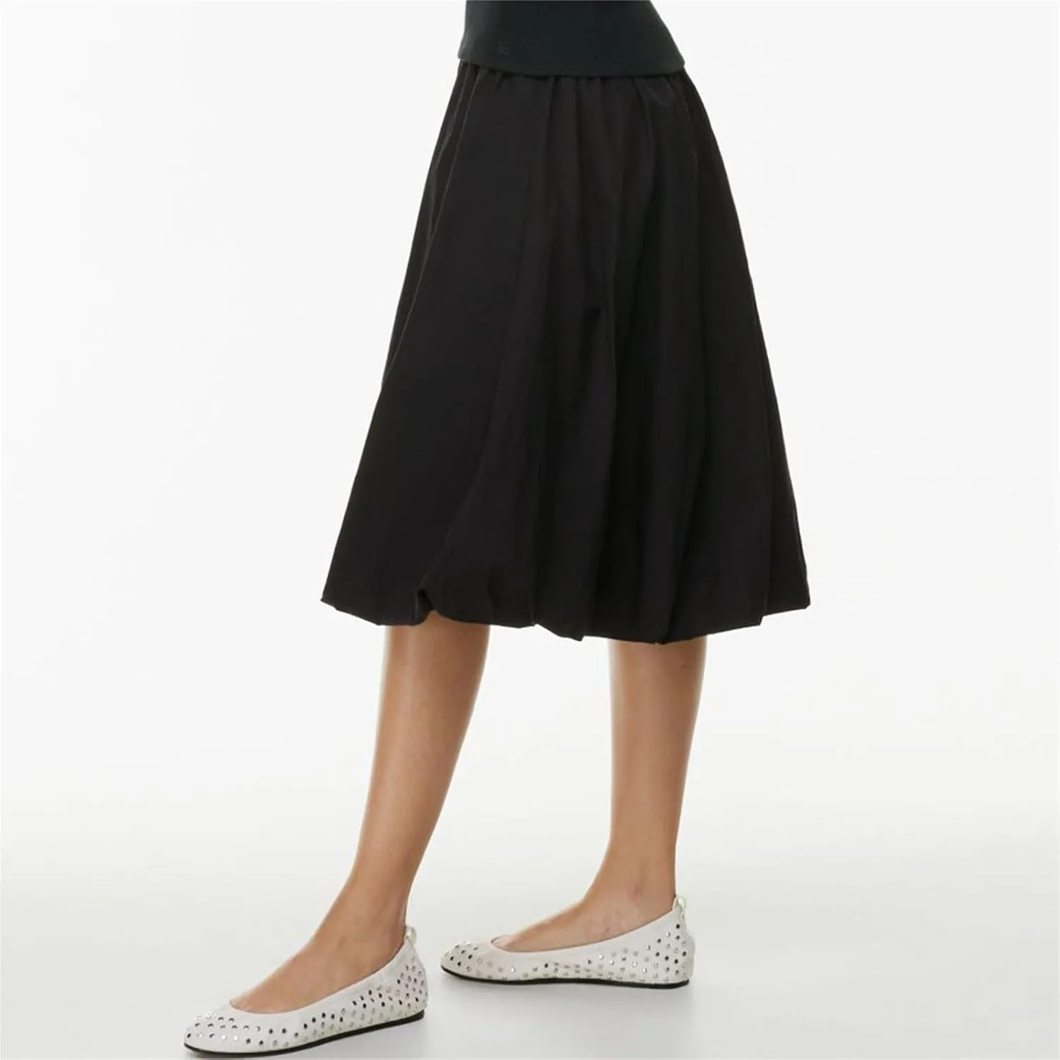 Tenopuli Women Elastic Waist Bubble Midi Skirt Solid Color High Waist Puffy A Line Skirt Casual Baggy Pleated Mid Skirt