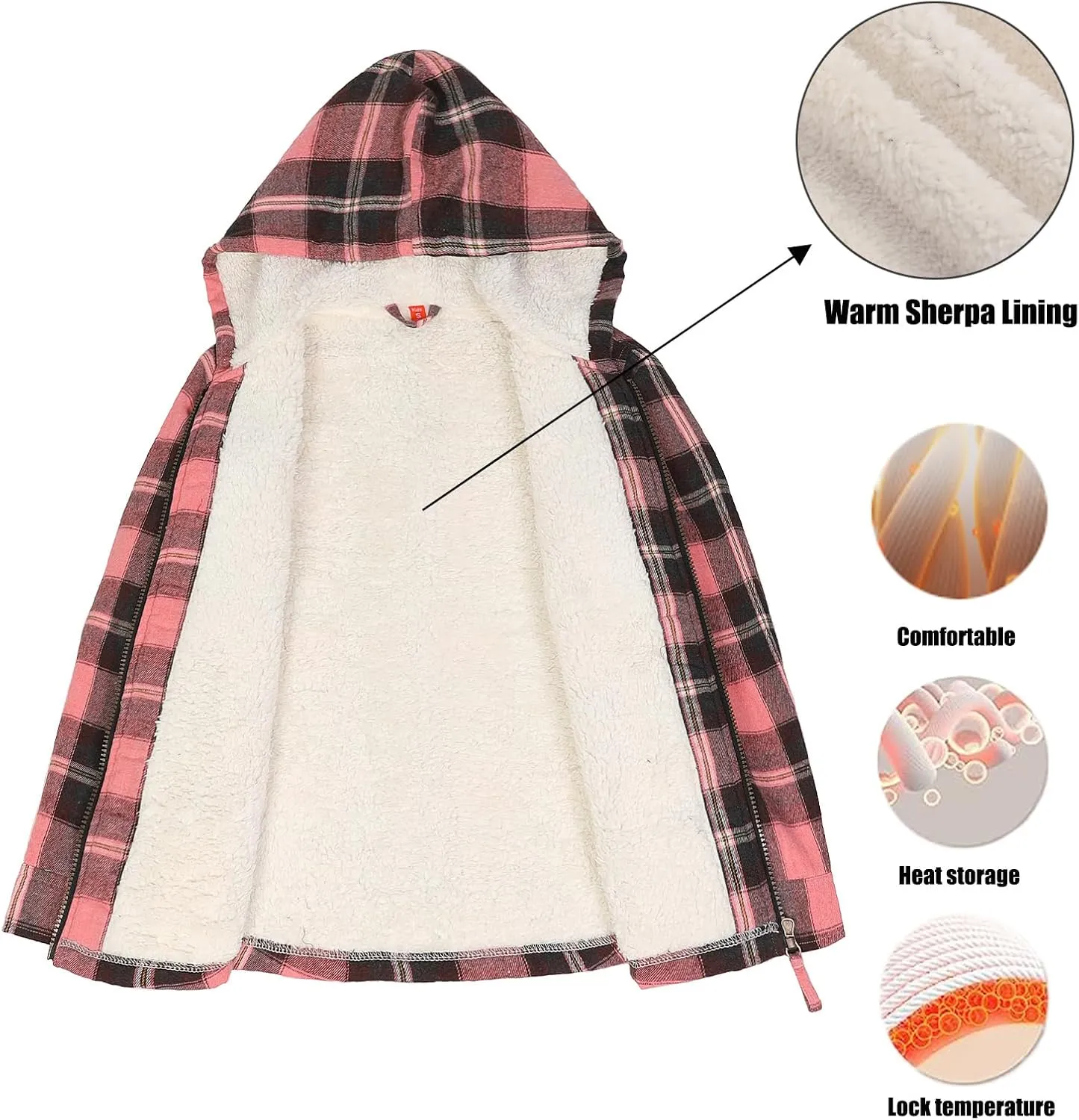 ThCreasa Girls Plaid Flannel Jacket Sherpa Fleece Lined Zip Up Winter Shirts with Hood