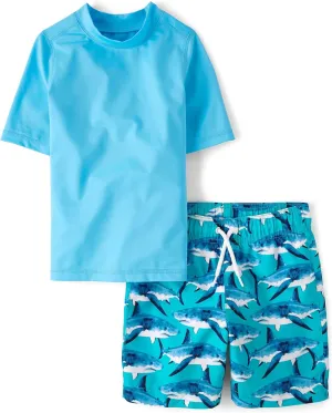 The Children's Place Boys' Short Sleeve Rash Guard and Swim Trunk 2-Piece Set