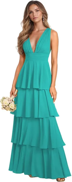 Tiered Ruffle Bridesmaid Dresses for Women Long Chiffon Deep V Neck Sleeveless Formal Evening Dresses