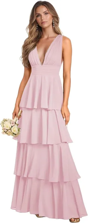 Tiered Ruffle Bridesmaid Dresses for Women Long Chiffon Deep V Neck Sleeveless Formal Evening Dresses