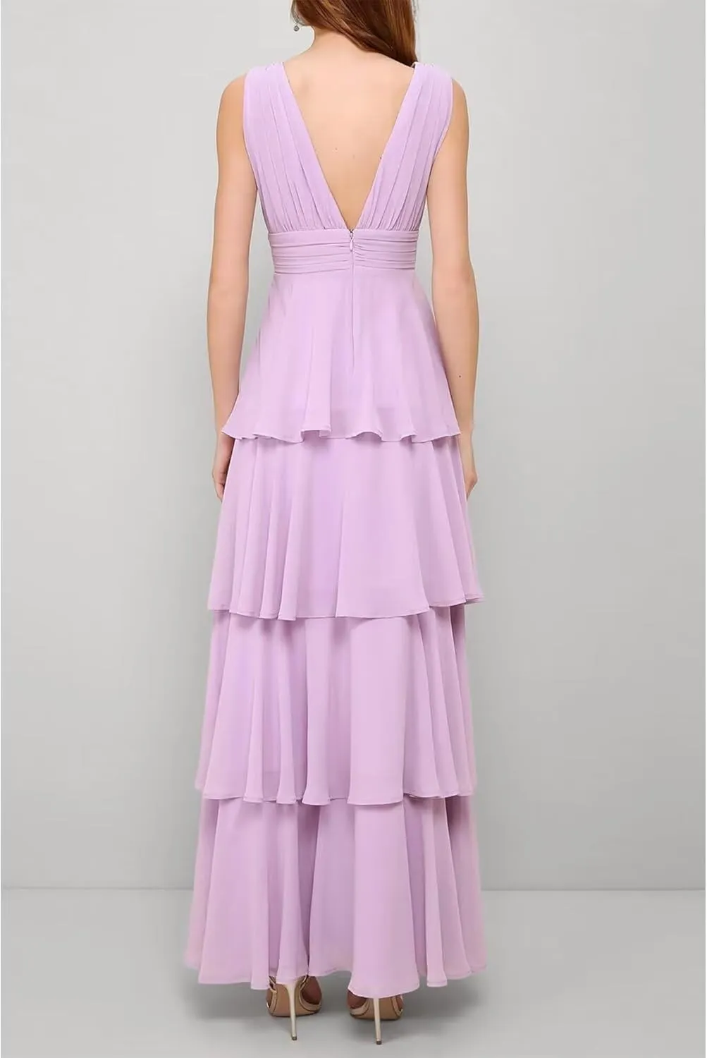 Tiered Ruffle Bridesmaid Dresses for Women Long Chiffon Deep V Neck Sleeveless Formal Evening Dresses