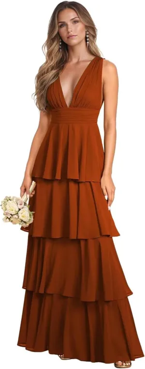Tiered Ruffle Bridesmaid Dresses for Women Long Chiffon Deep V Neck Sleeveless Formal Evening Dresses