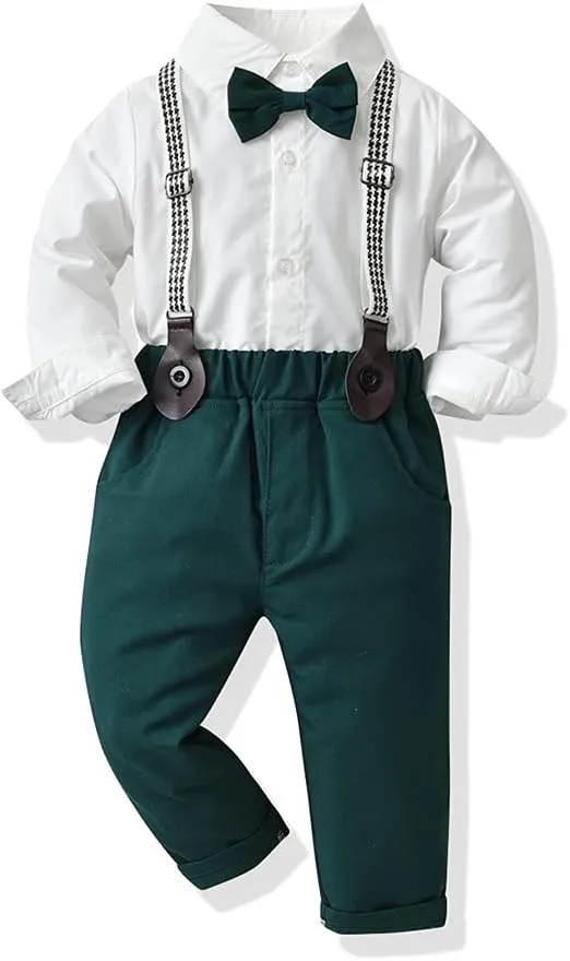 Toddler Boys Gentleman Outfits Long Sleeve White Bowtie Shirts Suspenders Pants Suits Tuxedos
