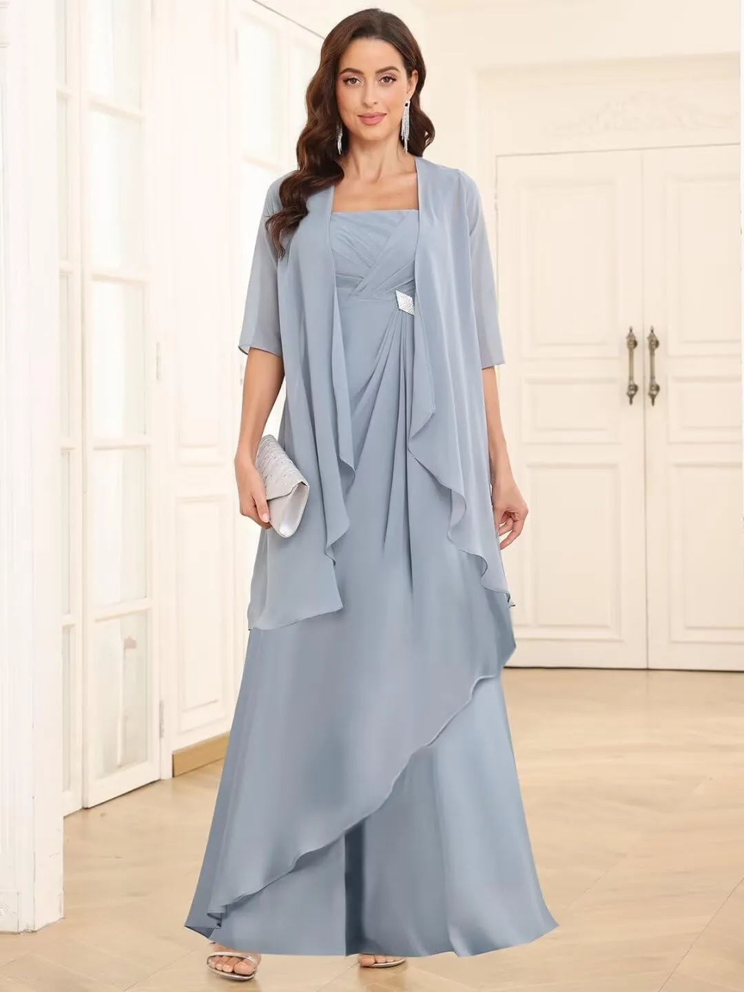 TORYEMY 2 Pieces Mother of The Bride Dresses with Jacket for Wedding Half Sleeve Long Chiffon Formal Evening Dresses