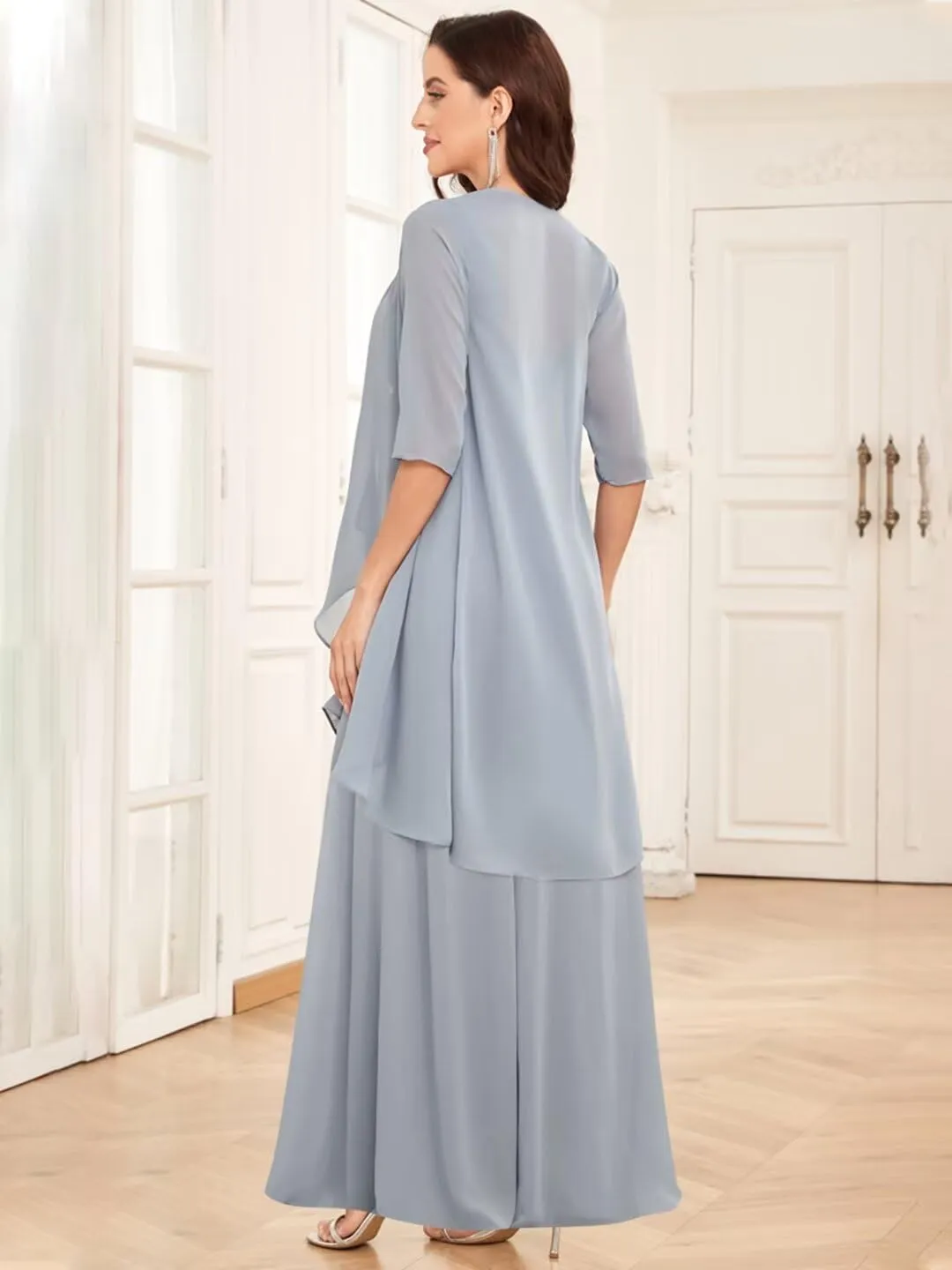 TORYEMY 2 Pieces Mother of The Bride Dresses with Jacket for Wedding Half Sleeve Long Chiffon Formal Evening Dresses