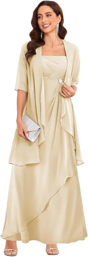 TORYEMY 2 Pieces Mother of The Bride Dresses with Jacket for Wedding Half Sleeve Long Chiffon Formal Evening Dresses