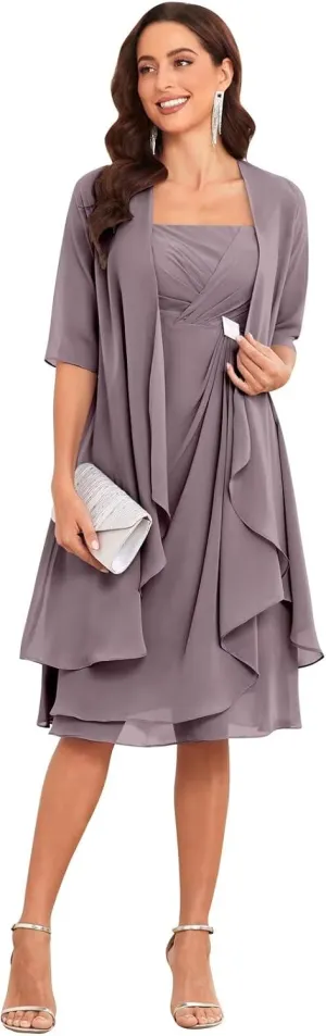 TORYEMY Mother of The Bride Dresses with Jacket 2 Pieces Half Sleeve Knee Length Chiffon Mother Groom Dress