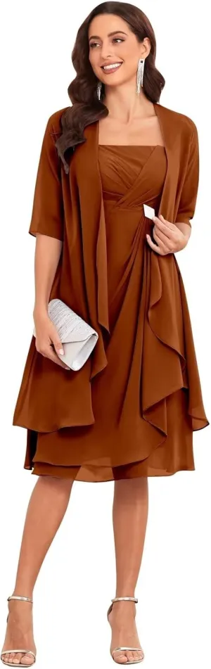 TORYEMY Mother of The Bride Dresses with Jacket 2 Pieces Half Sleeve Knee Length Chiffon Mother Groom Dress