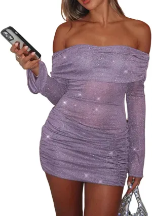 Uni Clau Women Sexy Off Shoulder Sparkly Mini Dresses Long Sleeve Bodycon Ruched Y2K Dress Mesh Birthday Party Club Dress