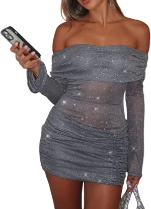 Uni Clau Women Sexy Off Shoulder Sparkly Mini Dresses Long Sleeve Bodycon Ruched Y2K Dress Mesh Birthday Party Club Dress