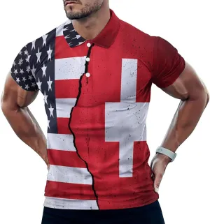 USA and Switzerland Flag Mens Polo Shirts Quick Dry Short Sleeve Golf Slim Fit T Shirt