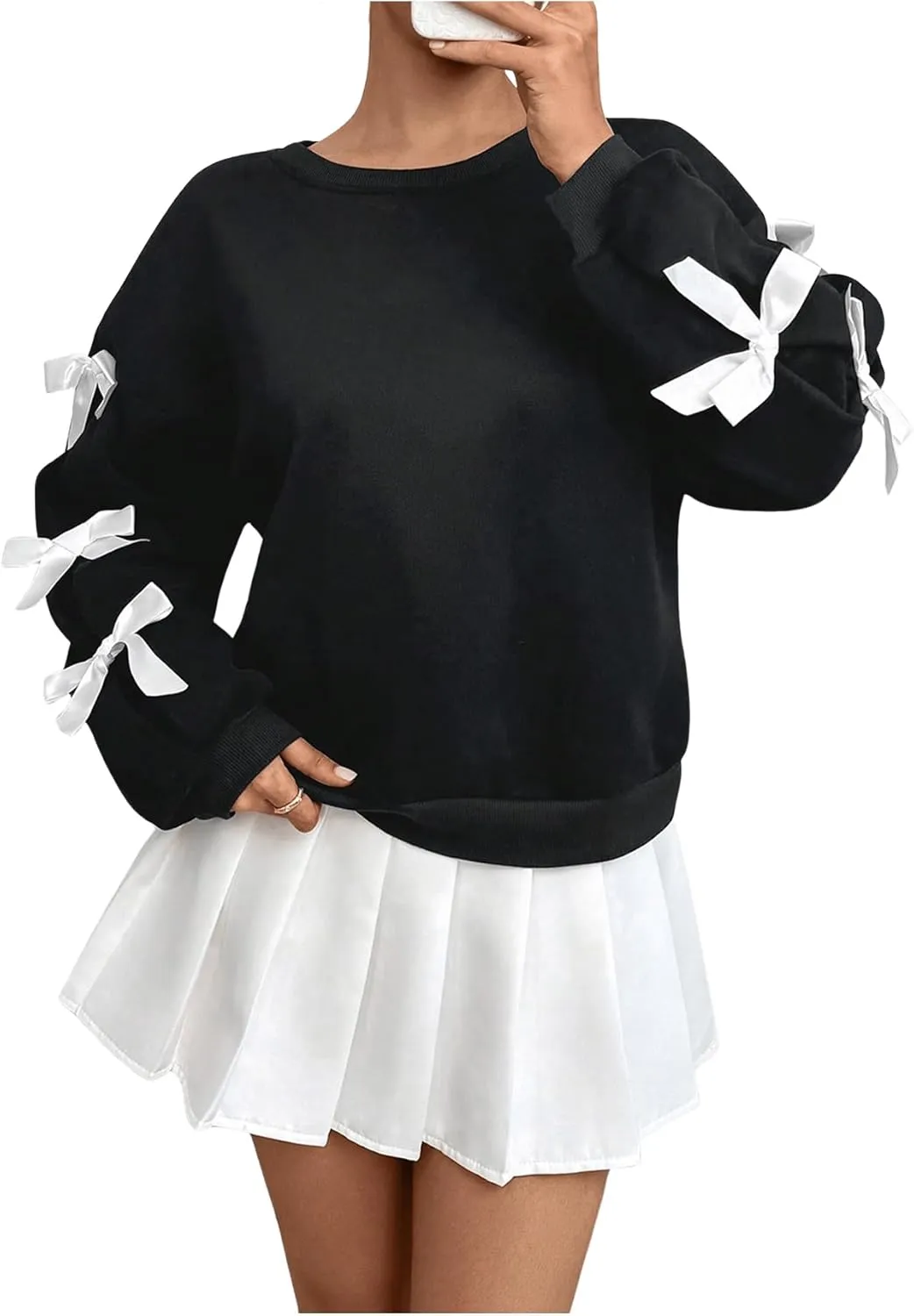 Verdusa Women's 3D Bow Sweatshirt Round Neck Long Sleeve Pullover Tops
