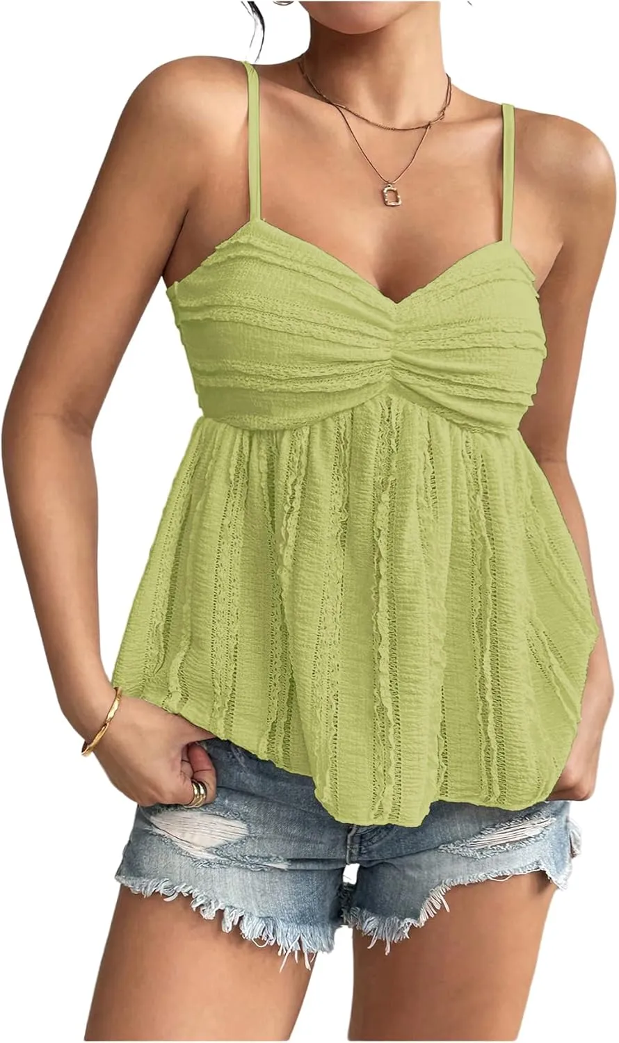 Verdusa Women's Baby Doll Peplum Going Out Tops Ruched Lace Trim Cami Summer Top