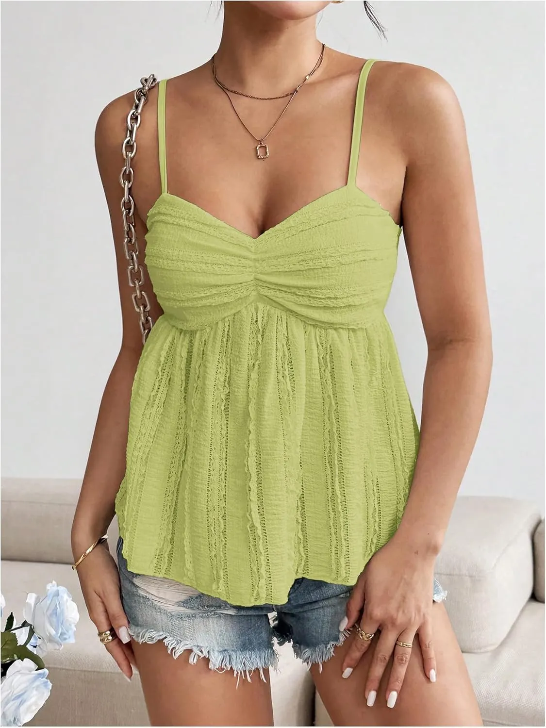 Verdusa Women's Baby Doll Peplum Going Out Tops Ruched Lace Trim Cami Summer Top