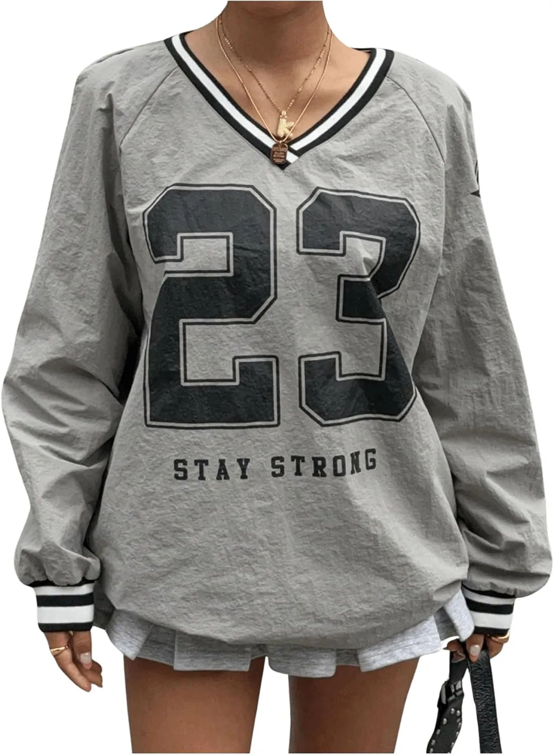 Verdusa Women's Graphic Loose Jersey Shirts V Neck Long Sleeve Game Sweatshirts Top