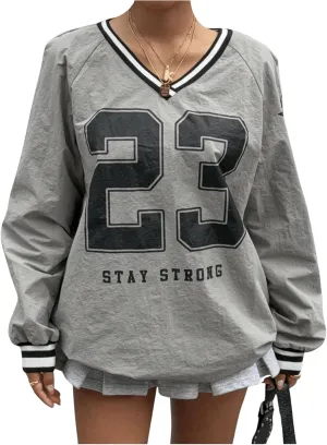 Verdusa Women's Graphic Loose Jersey Shirts V Neck Long Sleeve Game Sweatshirts Top