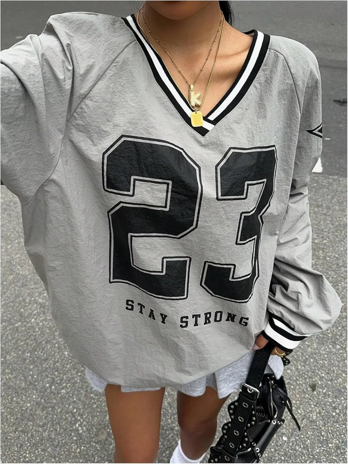 Verdusa Women's Graphic Loose Jersey Shirts V Neck Long Sleeve Game Sweatshirts Top