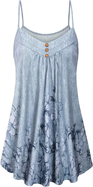 Viracy Women's Summer Button V Neck Pleated Spaghetti Strap Camisole Tank Tops (M-3XL)