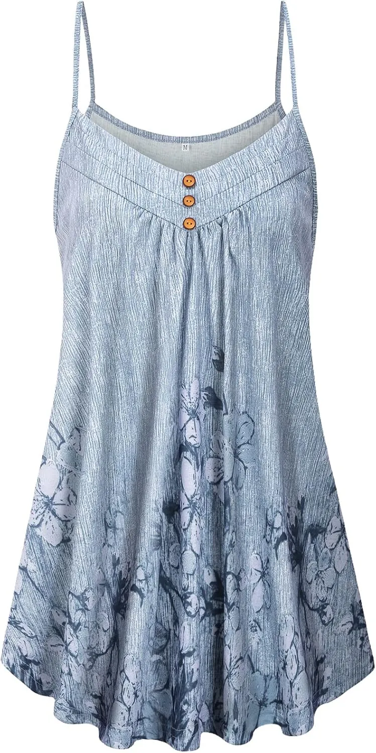 Viracy Women's Summer Button V Neck Pleated Spaghetti Strap Camisole Tank Tops (M-3XL)