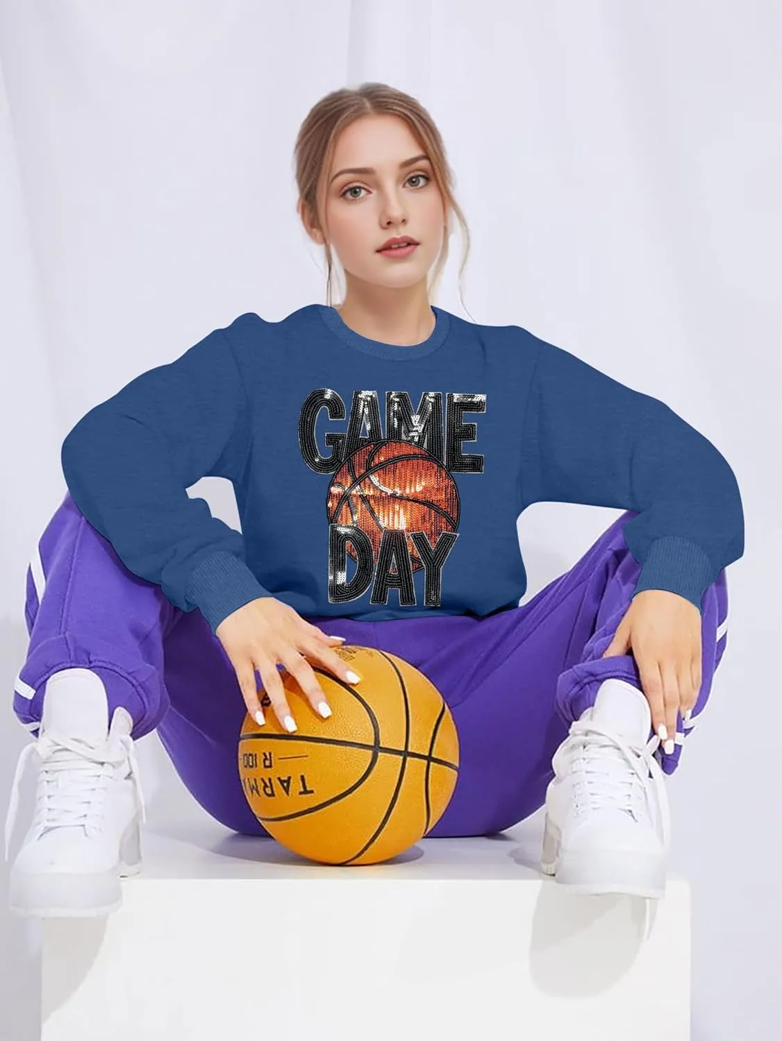 VVNTY Basketball Game Day Sweatshirts for Women: Sequin Game Day Letter Shirts Basketball Mama Pullover Tops