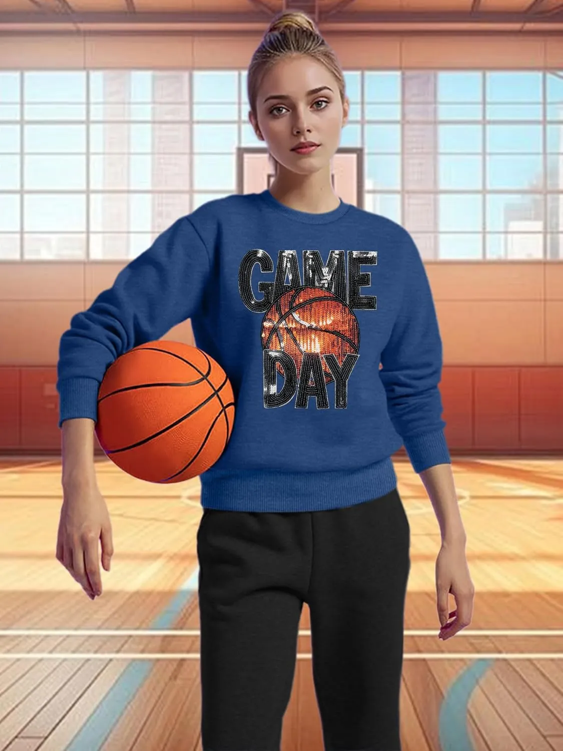 VVNTY Basketball Game Day Sweatshirts for Women: Sequin Game Day Letter Shirts Basketball Mama Pullover Tops