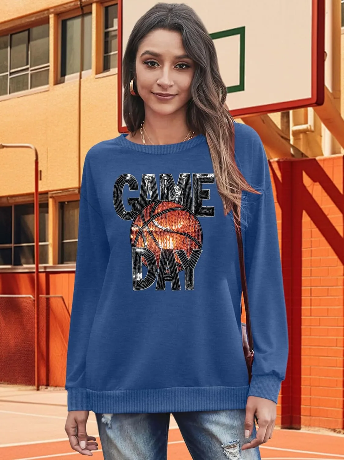 VVNTY Basketball Game Day Sweatshirts for Women: Sequin Game Day Letter Shirts Basketball Mama Pullover Tops