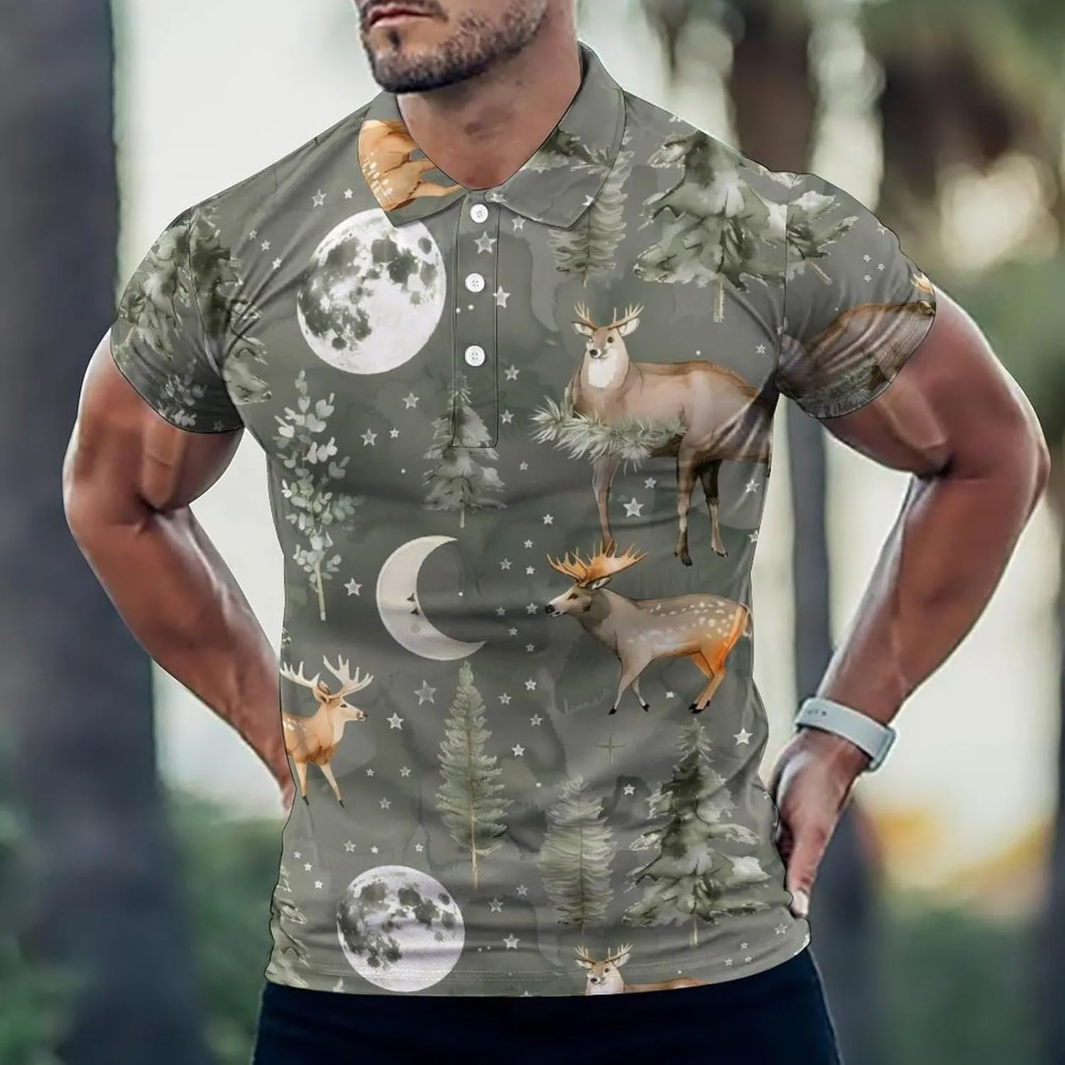 Watercolor Deer Moon Mens Polo Shirts Quick Dry Short Sleeve Golf Slim Fit T Shirt