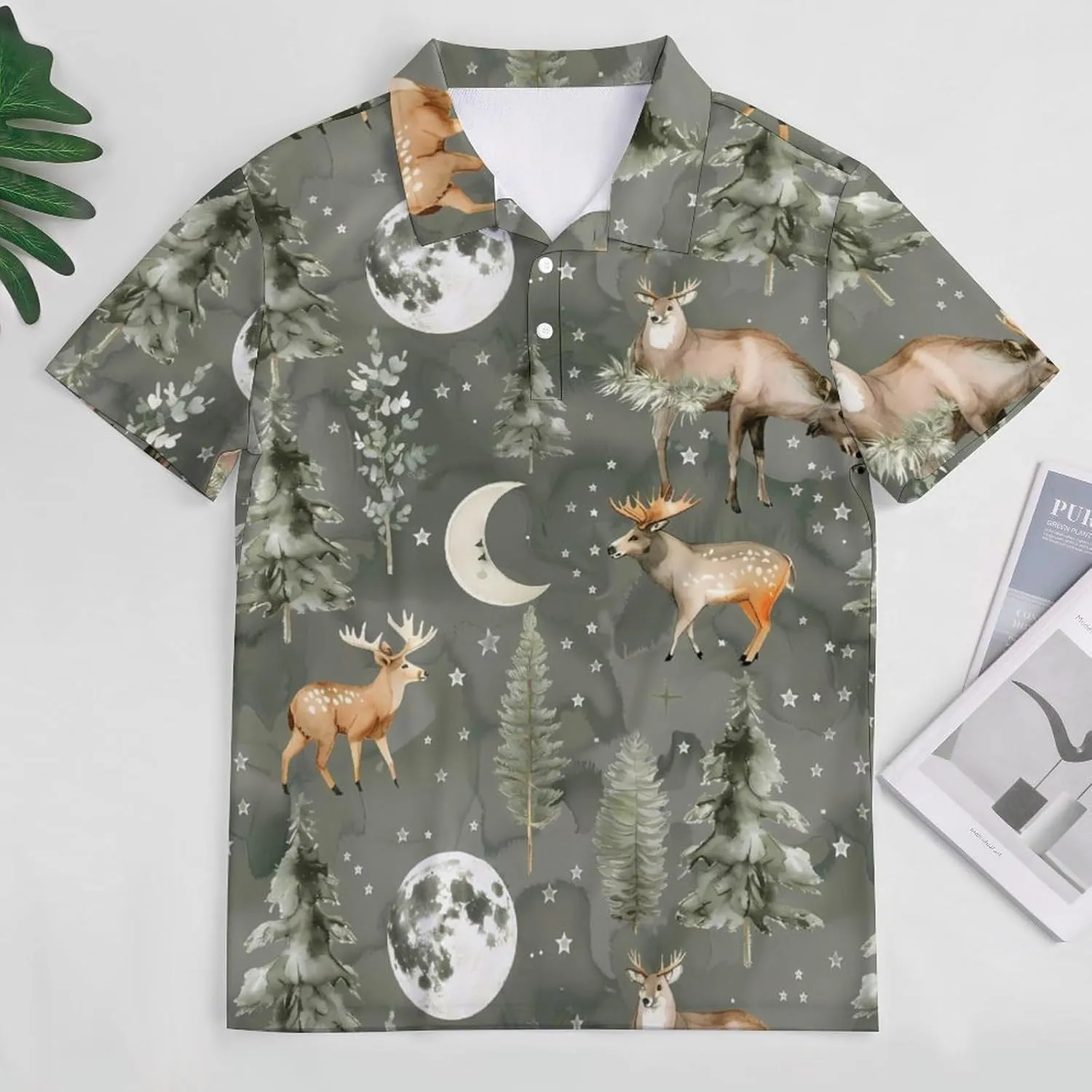 Watercolor Deer Moon Mens Polo Shirts Quick Dry Short Sleeve Golf Slim Fit T Shirt