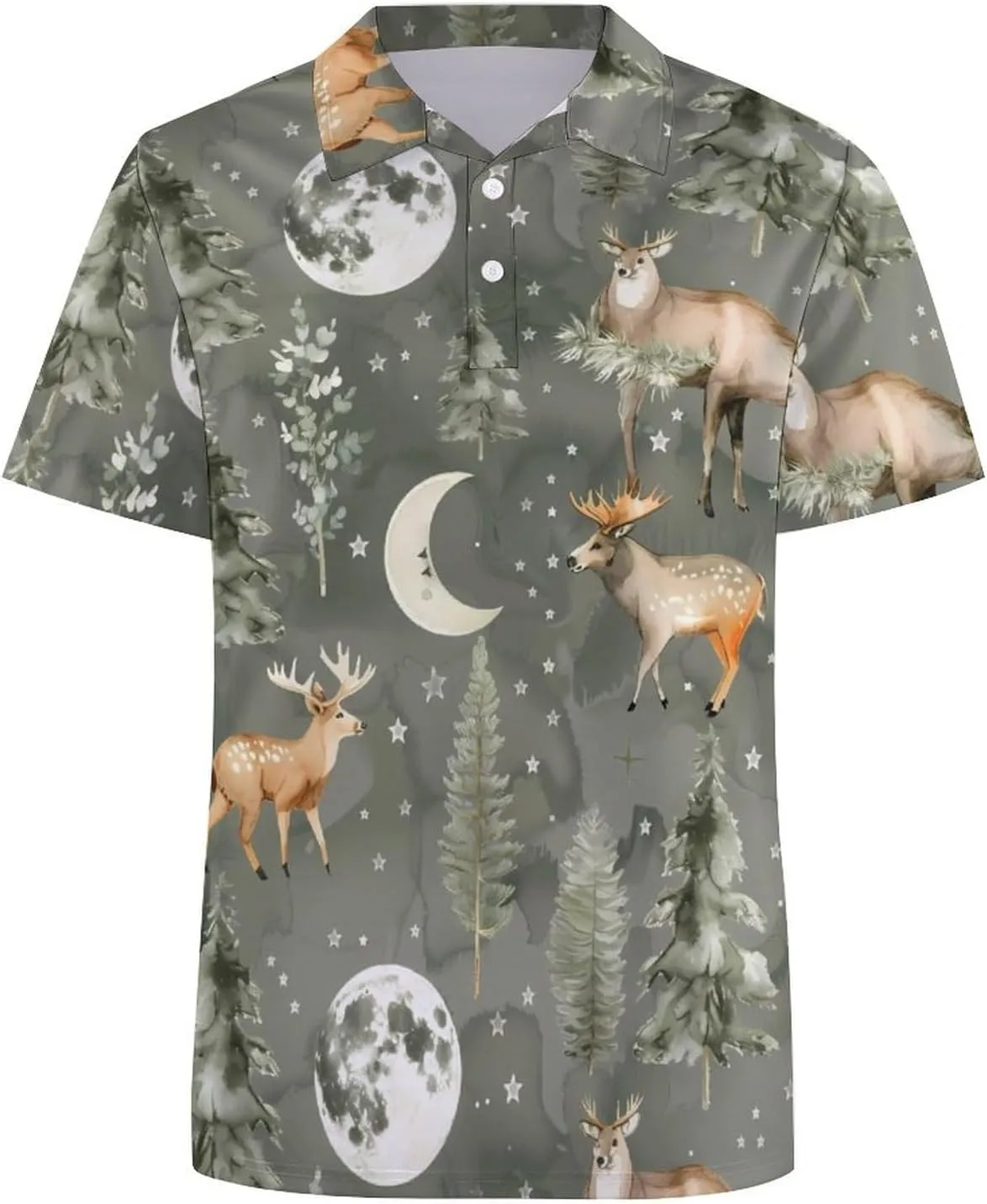 Watercolor Deer Moon Mens Polo Shirts Quick Dry Short Sleeve Golf Slim Fit T Shirt