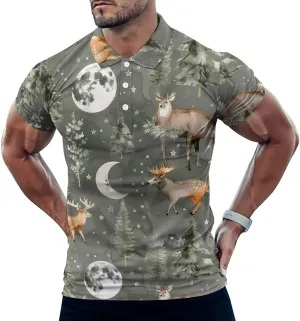 Watercolor Deer Moon Mens Polo Shirts Quick Dry Short Sleeve Golf Slim Fit T Shirt