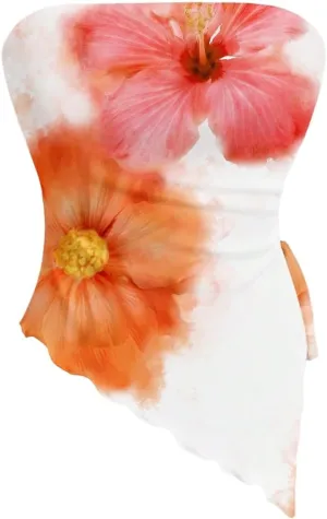 WDIRARA Women's Floral Mesh Strapless Side Ruched Tube Top Asymmetrical Hem Bandeau Crop Tops