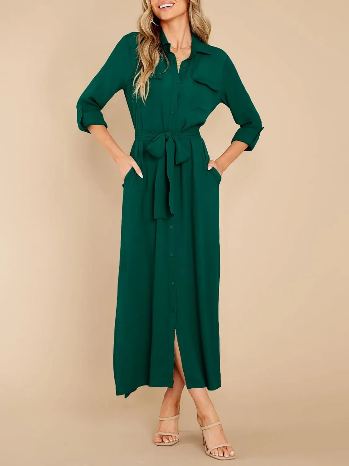 Wenrine Womens Button Down Shirt Dress Casual Chiffon 3/4 Lenght Sleeve Belted Lightweight Flowy Midi Dress with Slit