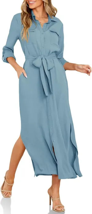 Wenrine Womens Button Down Shirt Dress Casual Chiffon 3/4 Lenght Sleeve Belted Lightweight Flowy Midi Dress with Slit